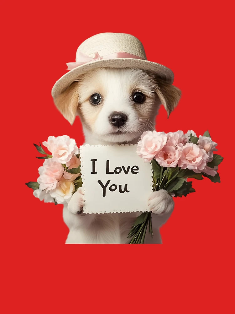 Cute Puppy with Hat and Flowers – I Love You Valentine Art Classic T-Shirt