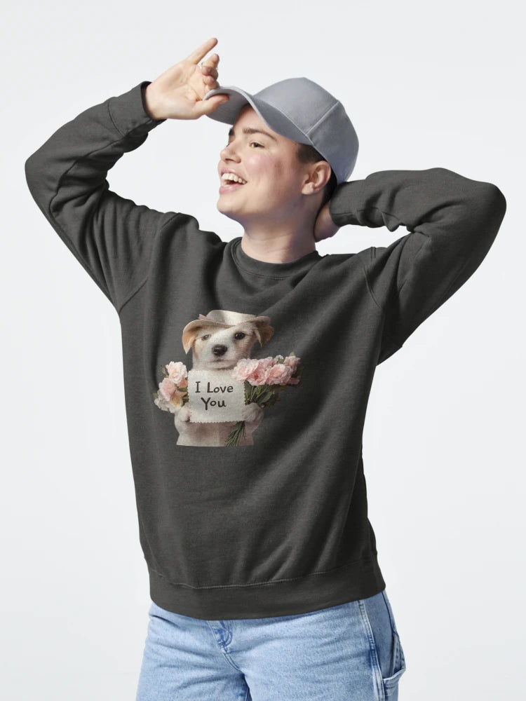 Cute Puppy with Hat and Flowers – I Love You Valentine Art Classic T-Shirt