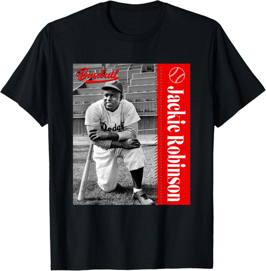 Baseball Freaks Jackie Robinson Baseball Theme T-Shirt - Black, Small, Unisex-Adults, Short Sleeve,