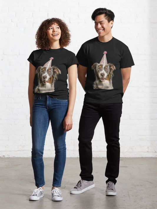 Cute Australian Shepherd dog with Party Hat Birthday Celebration Classic T-Shirt