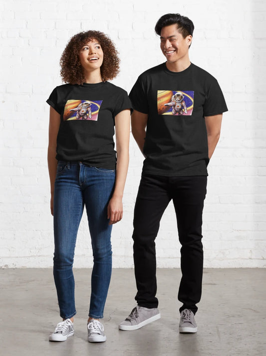 Cute Space Cat Reaching for Saturn Rings – Astronaut Cat Illustration Classic T-Shirt