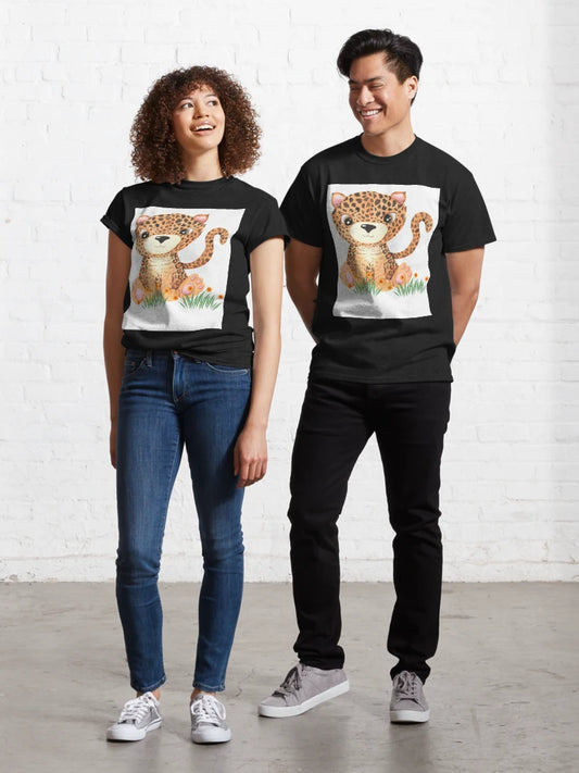 Cute Cartoon Leopard Sitting in Flowers  Classic T-Shirt